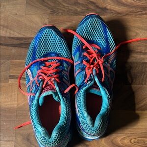 ASICS Teal and Blue Sneakers with Red Accents